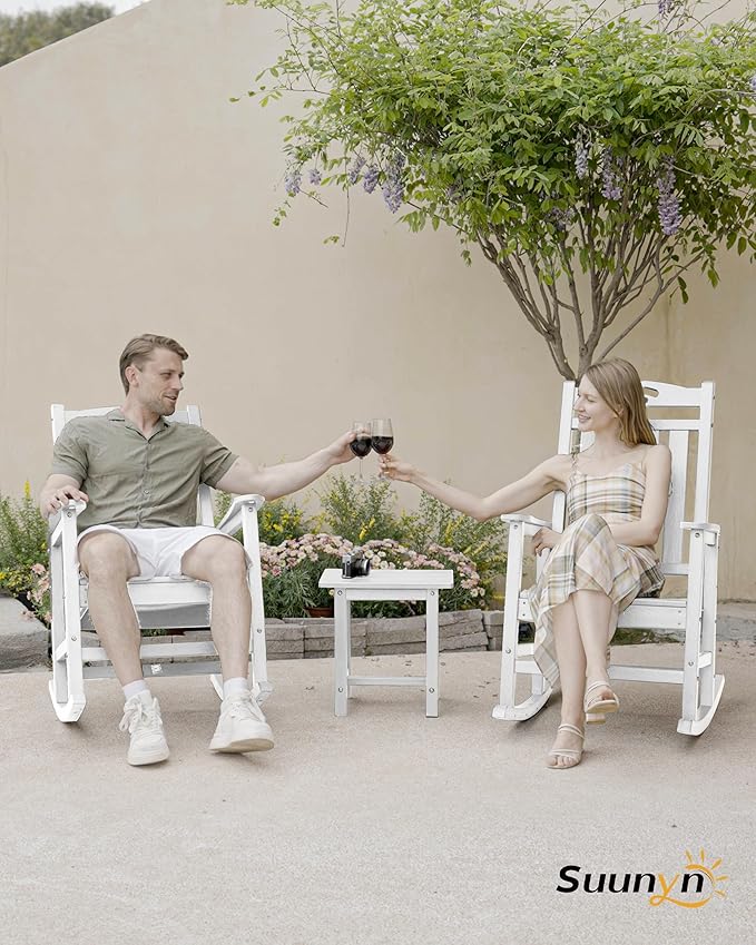 Oversized Rocking Chairs Outdoor Set of 2, High Back Porch Rocker Chair, HDPE All Weather Resistant Rocking Chairs for Patio, 380lbs Weight Capacity, White Suunyn