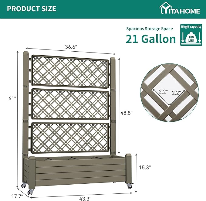 YITAHOME 3.6x1.5x5 FT Planter Box Trellis with Wheels, Large Outdoor Plastic Raised Garden Bed with Drain Plug for Climbing Plants, Light Brown YITAHOME