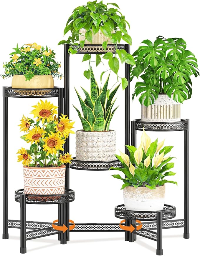 LASZOLA 6 Tiered Folding Tall Plant Stand Indoor Outdoor for Large Planter, Heavy Duty Metal Adjustable Multiple Flower Rack for Corner, Wrought Iron High Spiral Holder for Modern House Patio, Black LASZOLA