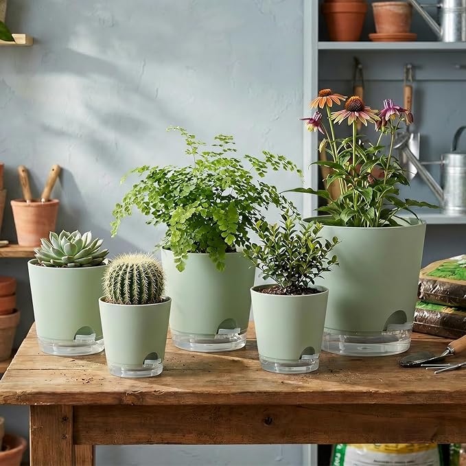 GARDIFE 2026 Upgraded Self Watering Plant Pots with Drainage Hole, 7/6.5/6/5.5/5/4 Inch Flower Planting Containers for House Plants, African Violet, Flowers, Cactus (Green, 7+6.5+6+5.5+5+4 inch) GARDIFE