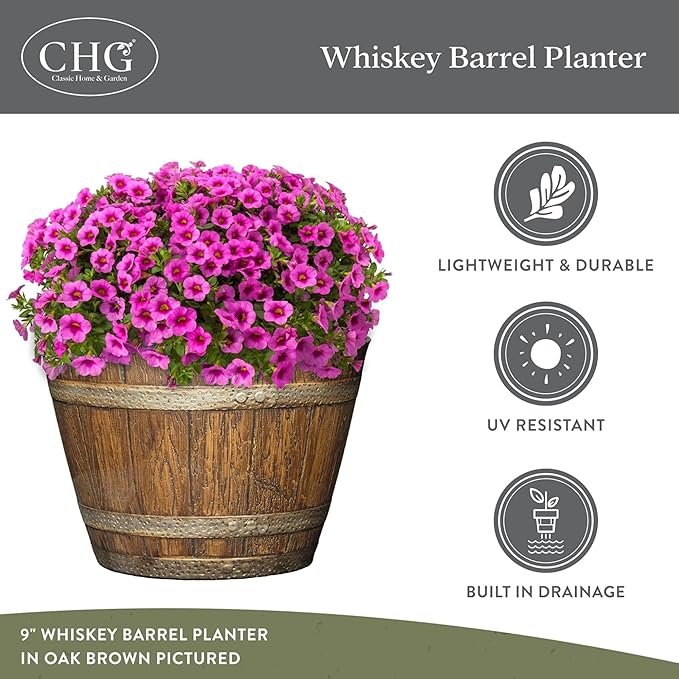 Classic Home and Garden Whiskey Plastic Resin Flower Pot Barrel Planter, Walnut Brown, 20.5" (Pack of 3) ClassicHomeandGarden