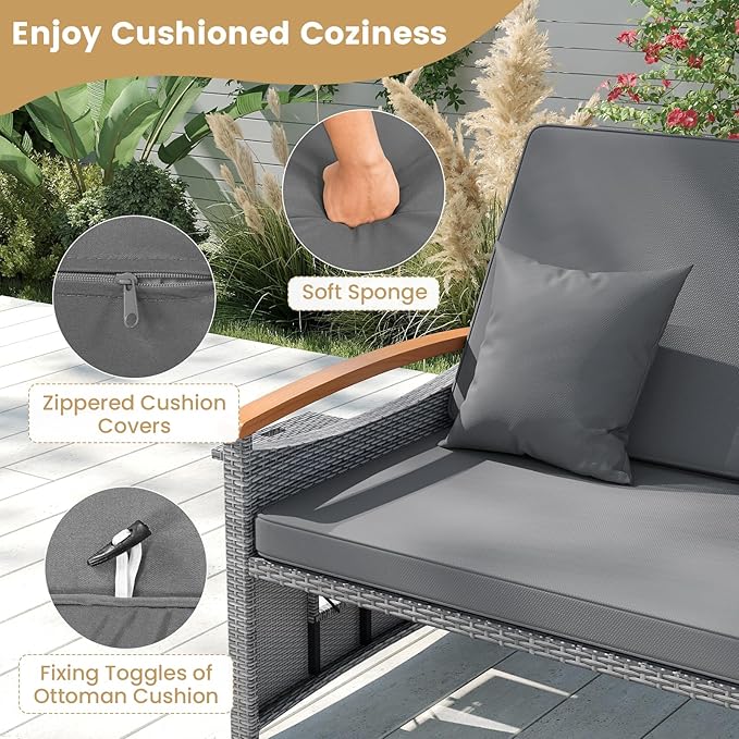Tangkula Patio Rattan Daybed with 4-Level Adjustable Backrest, Outdoor Wicker Loveseat with Acacia Wood Armrest, Storage Ottoman & Folding Tray, Double Sunbed for Balcony, Backyard & Poolside (Grey) TANGKULA