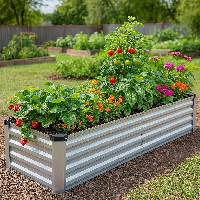 2 Pack 6x1.5x1FT Galvanized Metal Raised Garden Bed Kit for Vegetables, Herbs, Open-Bottom Large Capacity Outdoor Planter Box Gardening Stakes, Silver Rootora