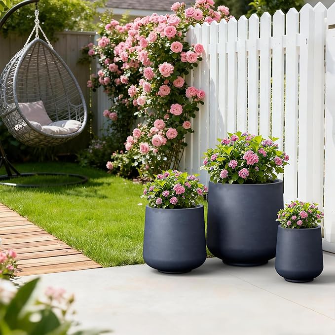 Kante 15.3"+11.6"+8.2" Dia Round Concrete Planter, Large Outdoor Indoor Planter Pots Containers with Drainage Holes and Rubber Plug for Home Garden Patio, Charcoal Kante