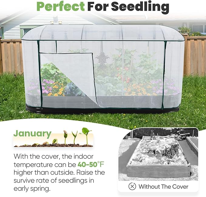 KING BIRD Raised Garden Bed with Cover Galvanized Oval Planter Garden Box Outdoor for Gardening, Vegetables, Flowers 94.5x47.2x11.8 in, White KINGBIRD