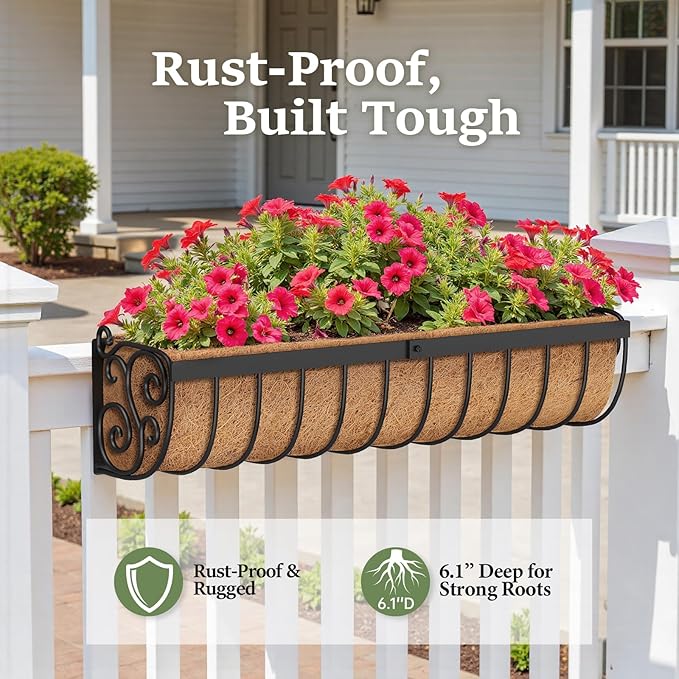 Railing Planter Boxes, 30 Inch Window Boxes Planters, Balcony Planters with Adjustable Brackets & Coco Liner & Support Rod for Outdoor Fence, Deck, Porch, and Patio Gardening, 2 Pack VOXOR
