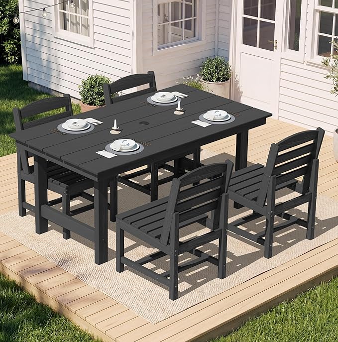 SERWALL Patio Dining Sets for 6 Person, HDPE Dining Set with 6 Armless Chairs, Black SERWALL