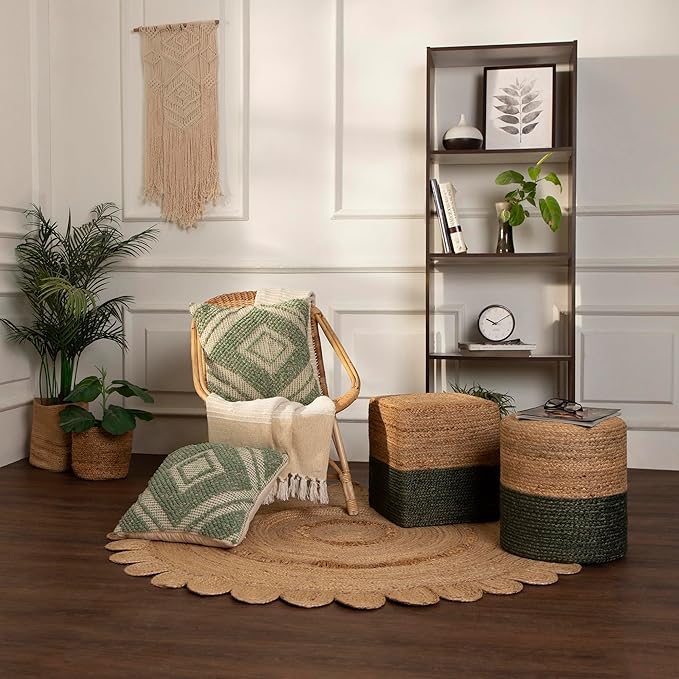 REDEARTH · Cube Pouf Foot Stool Ottoman - Jute Braided Pouffe Poof Accent Sitting Footrest for The Living Room, Bedroom, Nursery, Patio, Lounge & Other Rooms (14.5”X14.5”X16”; Natural Olive) REDEARTH