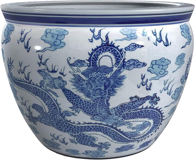 Red Lantern 14" Dragon Blue & White Porcelain Fishbowl Planter or Cachepot for Indoor/Outdoor Use in Garden Entryway Living Room Boho Eclectic Modern Contemporary Classic Traditional Style Decor RedLantern