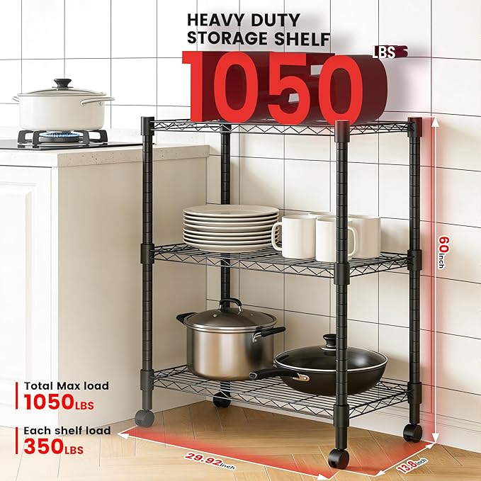 Xcity Storage Shelves, 3 Tier Heavy Duty Metal Shelving Unit with Wheels, 1050 LBS Capacity Adjustable Steel Wire Shelf Organizer for Pantry, Kitchen, Garage, 14" D x 24" W x 30" H, Black Rootora