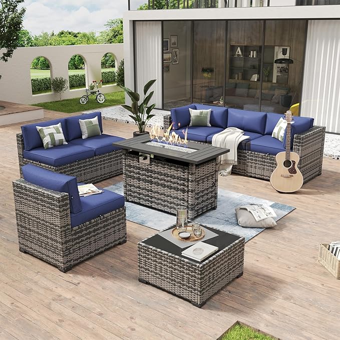 Aoxun 8 Piece Patio Furniture Set with 44” Fire Pit Table Paito Conversation Set Wicker Rattan Outdoor Sectional Sofa Set with Waterproof Cover and Thickened Cushions (Grey/Blue) Aoxun