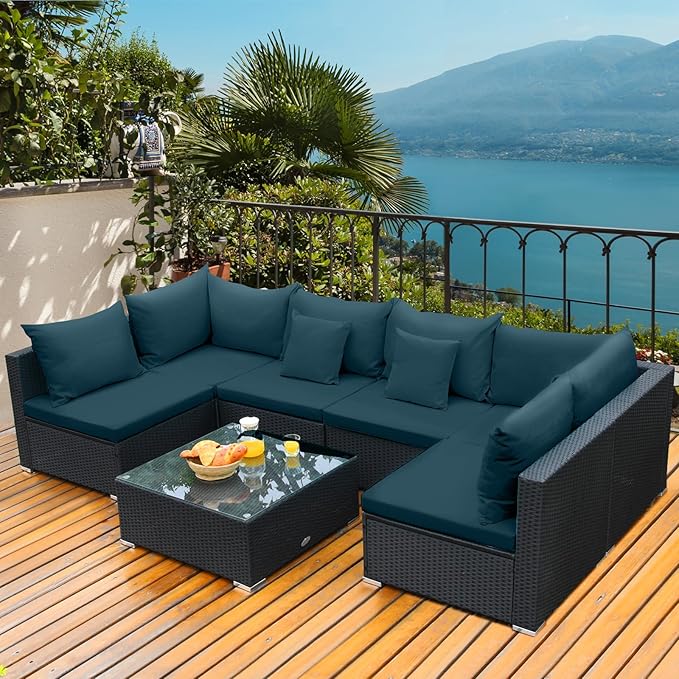 Tangkula 7 Piece Patio Furniture Set, Outdoor Wicker Sectional Sofa with Pillows and Cushions, and Coffee Table, Patio Conversation Set for Garden, Lawn (Peacock Blue) TANGKULA