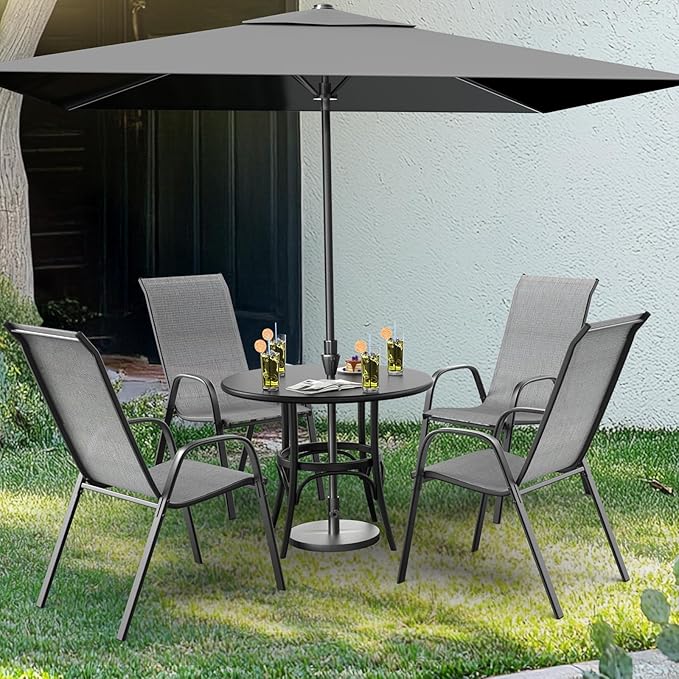 VINGLI Patio Chairs Set of 8 – Stackable Outdoor Dining Chairs with Comfortable Sling High Back Chairs and Armrests for Lawn, Poolside, Courtyard, Balcony, Garden, Silver Gray VINGLI