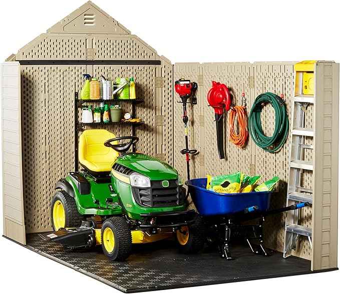 Rubbermaid Resin Outdoor Storage Shed With Floor (7 x 10.5 Ft) Weather Resistant, Brown Gable, Organization for Home/Backyard/Garden Tools/Lawn Mower/Bike Storage/Pool Supplies