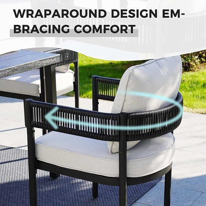 Grand patio 5-Piece Outdoor Dining Set for 4 with 1 Rectangle Expandable Table for 4-6 Person, Metal Woven Wicker Fixed Patio Chairs with Thickened Cushions for Yard, Poolside (Black) GrandPatio