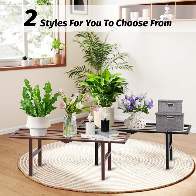 2 Pack Metal Plant Stand Outdoor Indoor, 1 Tier Folding Tiered Flower Plant Shelf, Heavy Duty Ladder Multiple Pot Display Plant Rack for Patio Garden Balcony Windowsills, Brown JSYONII