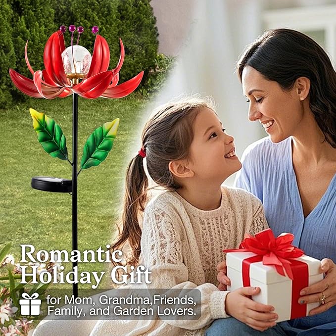 Solar Lights Outdoor Wind Spinners, Metal Lotus Flower Garden Decor with Waterproof LED Crackle Glass Globe for Patio Lawn Yard Outdoor Decor SUCUY