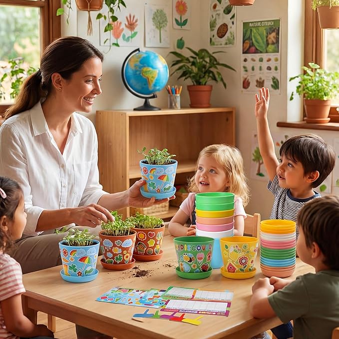 Capoda 48 Sets Garden Flower Pots Crafts Kit DIY Spring Plastic Seedling Nursery Pots with Stickers Plant Labels Growth Charts Planting Growing Tools Classroom Activities Project Gifts (Colorful) Capoda