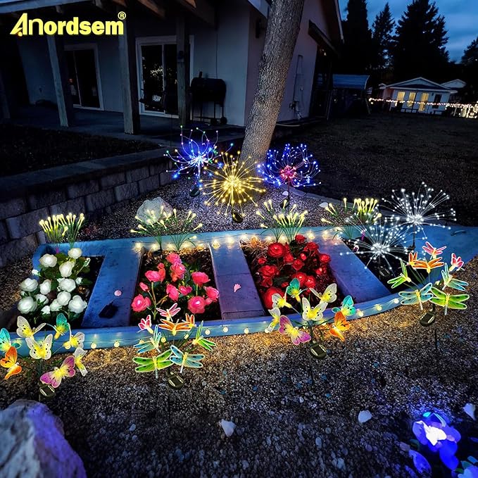 Anordsem Solar Garden Lights Outdoor: 8 Removable Fiber Optic Fabric Dragonflies 4 Pack - Waterproof Fun Animal Decoration for Yard Patio - Gardening Gifts for Garden Lovers Anordsem