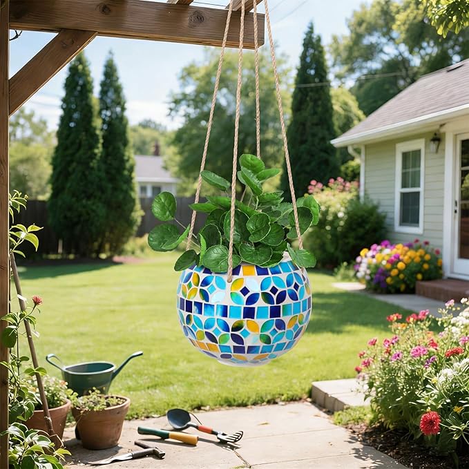 Ceramic Hanging Planter Mosaic Hanging Flower Pot Small Plant Pot for Indoor Plant Disco Ball Planter with Drainage Square Blue Chonsun