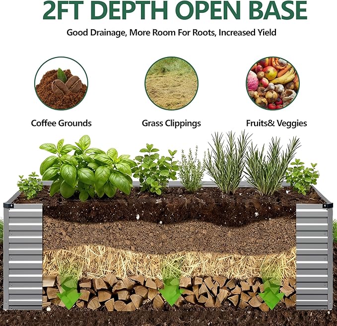 Vengarus 12x2x2FT Galvanized Raised Garden Bed Kit, Large Rectangle Elevated Planter for Vegetables, Flowers, Herbs and Succulents - 359 Gallon Capacity,Silver Vengarus