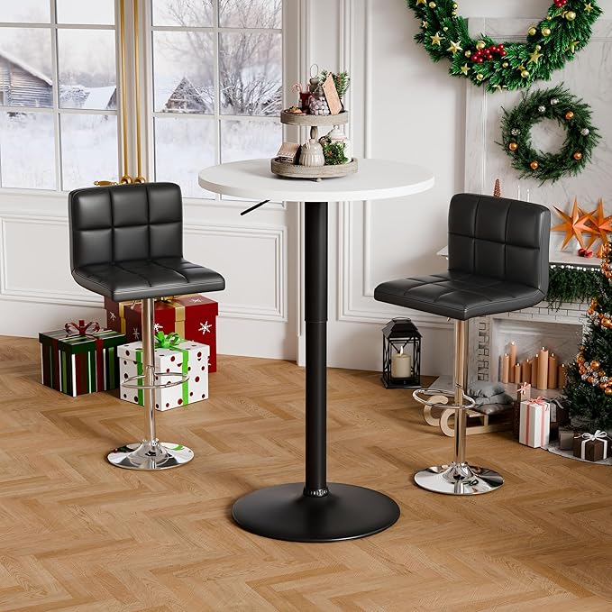 Flamaker Round Bistro Pub Table 23.6 Inch Height Adjustable 360° Swivel Bar Table Metal Base for Pub, Dining Room, Party (1, White-Black) Flamaker