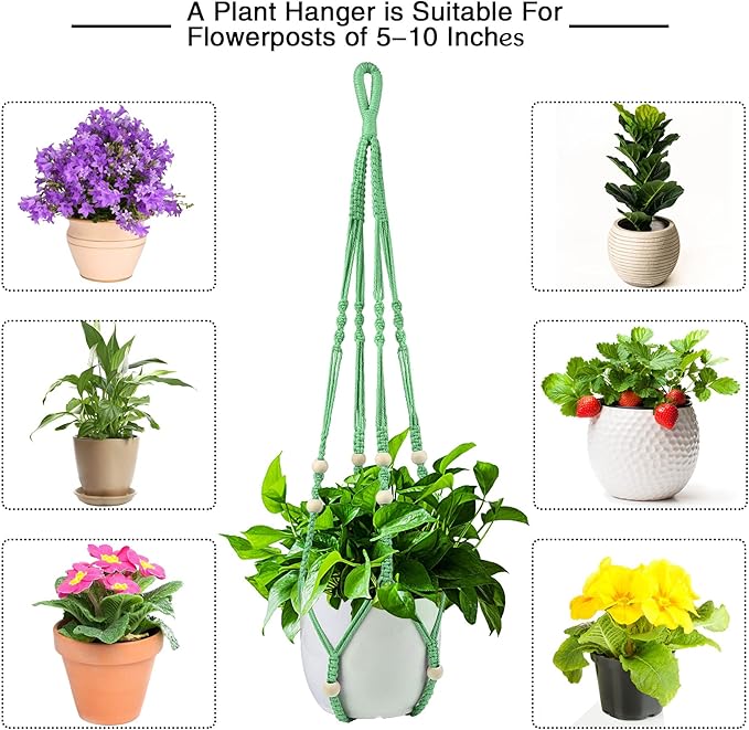 Augshy Macrame Plant Hangers Green Hanging Planters for Indoor Outdoor Home Decor, Hanging Plant Holder No Tassels Set of 2 with 4 Hooks Augshy