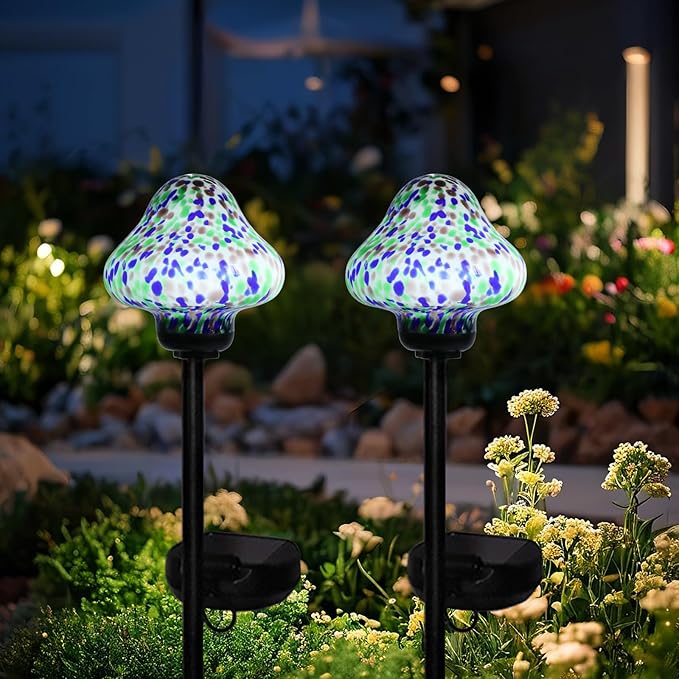 Solar Outdoor Lights Decorative Solar Glass Mushroom Lights Waterproof LED Waterproof Garden Stake Light for Walkway Pathway Lawn Patio Yard Decorations 2 Pack Multi Afirst