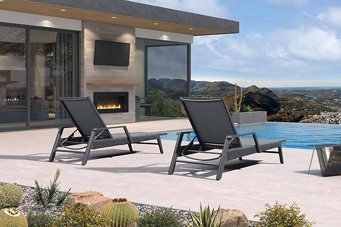 PURPLE LEAF Outdoor Chaise Lounge 2 Pieces Patio Recliner Sunbathing Tanning Chair for Poolside Balcony with Armrests Backyard Moon Basalt PURPLELEAF