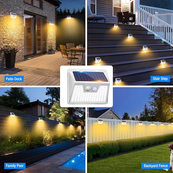 Peasur Solar Lights Outdoor Motion Sensor Waterproof, 6Pack 140LED White Solar Powered Fence Lights, 3 Modes Security Wall Lights for Garden Yard Outside Warm Peasur