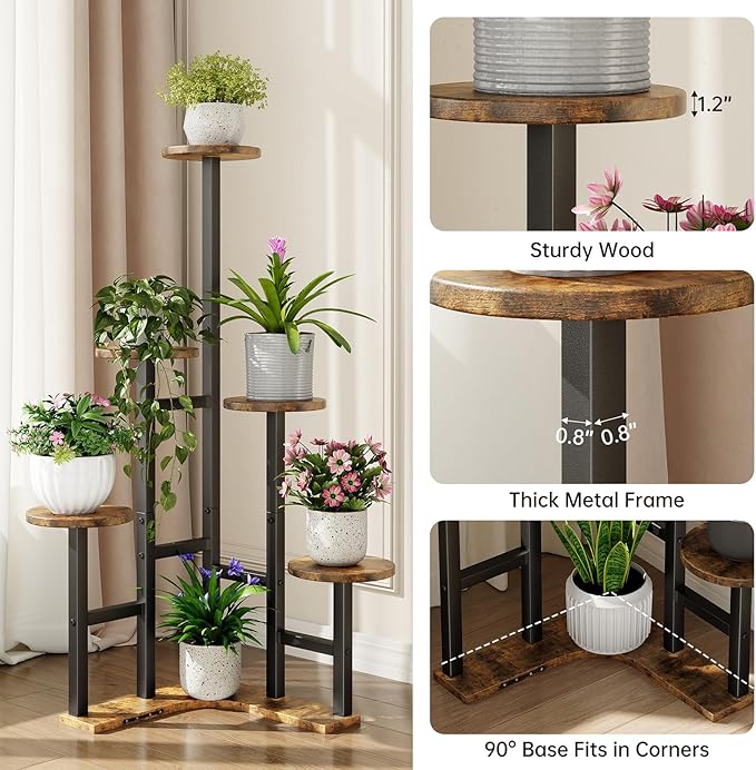 Corner Plant Stand Indoor, 6 Tiered Corner Plant Shelf Flower Stand for Multiple Plants, Plant Shelves Organizer Rack for Living Room, Balcony, Patio, Garden, Round Rustic Brown Yzosvki