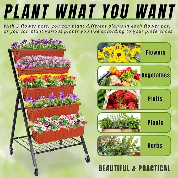 Homdox 2 Pack Vertical Garden Bed, 5 Tiers Vertical Raised Garden Planter, 23 * 26 * 45Inch Outdoor Garden Raised Bed with 4 Hooks, Vegetable Flower Planter Raised Stand for Garden Patio Yard, Brown HOMDOX