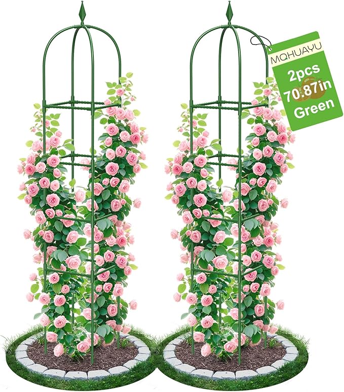 2 Pack Garden Obelisk Trellis for Climbing Plants, 71" Metal Rustproof Plant Support Rose Trellis, Tower Potted Cages for Flowers Fruits Vegetable Vines Indoor & Outdoor, Green(4 Tiers) MQHUAYU
