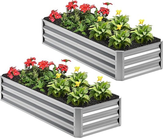 2PCS 4x2x1FT Galvanized Raised Garden Bed,Planter Raised Beds-Metal Garden Box,Large Plant for Outdoor Planting, Vegetables Bed，Flower,herb-Silver Home