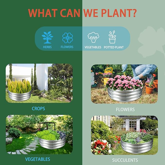 Durable Round Galvanized Steel Raised Garden Bed for Planting,Round Galvanized Steel Fire Ring/Fir Pit 36-Inch for Outdoor- 3×3×1FT,0.8MM Thick (36 ins Diameter x 12 ins high, Silver) zbzbml