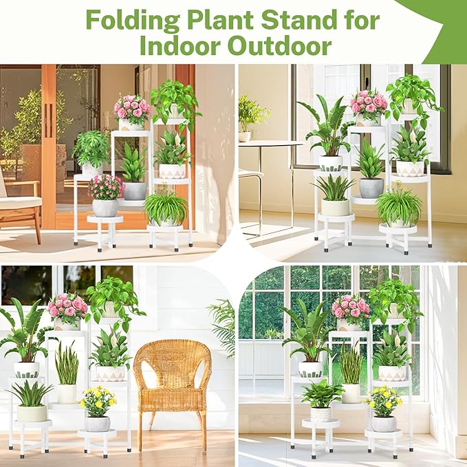 iDavosic.ly 7 Tier Folding Plant Stand Indoor Outdoor with Plastic Tray, Tiered Corner Flower Holder Shelf, Metal Orchid Display Rack for Patio Porch Living Room Garden Balcony, White iDavosicly