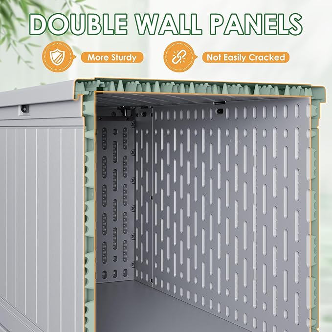 Devoko 260 Gallon Double-Wall Deck Box with Divider, Side Handles, Resin Outdoor Large Storage Box Waterproof and Lockable for Patio Furniture, Garden, Pool (Grey, 260 Gallon) DEVOKO