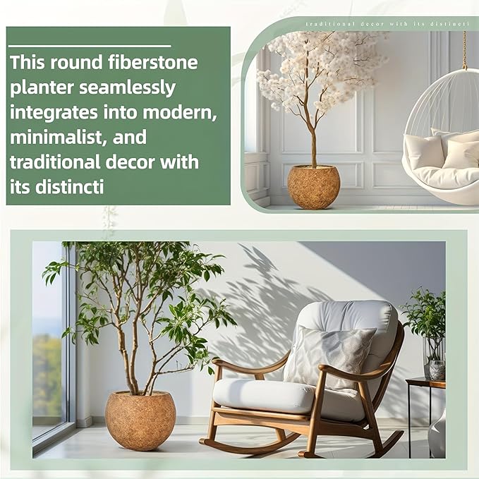 10 H x 14" Dia (10" Pot Opening) Round Fiberstone Planter with Drainage Hole, White, Indoor/Outdoor Large Plant Pot for Home Patio Garden, Ideal for Large Plants-Camel Panlaolao