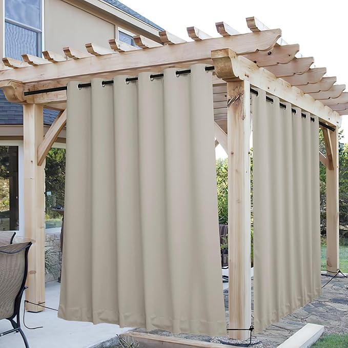 NICETOWN 2 Panels Outdoor Curtains for Patio Extra Wide 84", Waterproof & Windproof Grommet & Back Tab Fixed Top and Bottom Sun Blocking Privacy Drapes with Rope for Gazebo, Natural, W84 x L84 NICETOWN