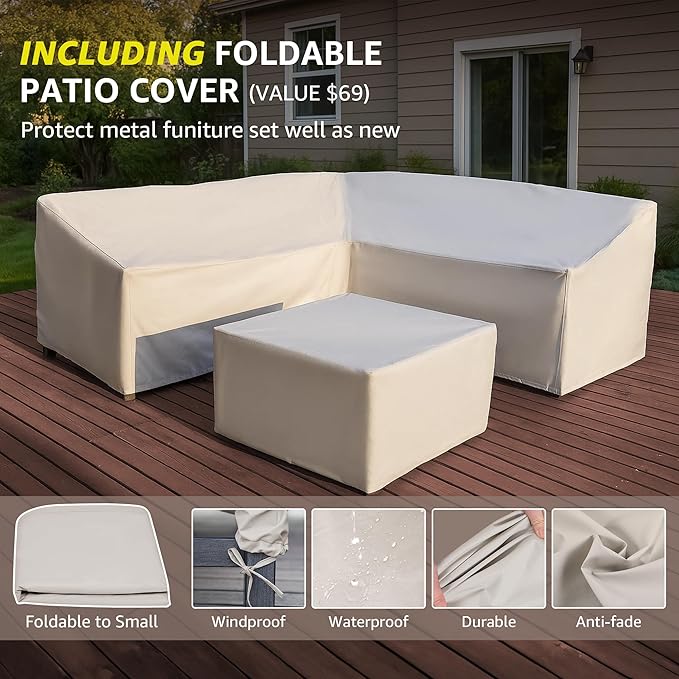 NATURAL EXPRESSIONS 6 Pieces Patio Furniture Sets, Metal Outdoor Sectional Furniture L Shape Patio Conversation Sets,Highback Frame,Metal Table,Large Waterproof Cover, 6.5" Olefin Cushions,Dark Grey NaturalExpressions