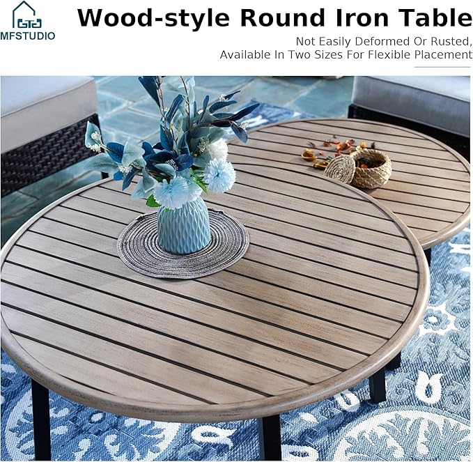 MFSTUDIO Patio Furniture Set, 10 Seats Half-Moon Curved Outdoor Sectional Sofa Conversation Set with 2 Wood-Like Round Table, Woven Rattan Patio Couch for Backyard, Garden, Deck MFSTUDIO