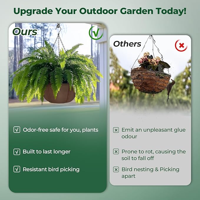 T4U Hanging Planters for Outdoor Plants, 12 Inch 4 Pack Fabric Hanging Baskets with Drainage Tray, Decorative Hanging Pots for Plants Outdoor Patio Porch Garden Use（Brown） T4U