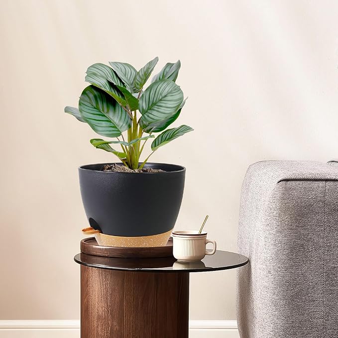 12/10/9 inch Large Self Watering Pots, Planter, Plant Pots with Mesh Drainage Holes for Indoor Outdoor Garden Plants, Plastic Flower Pots with Removable Deep Reservoir, Black with Brown WSMKSZ