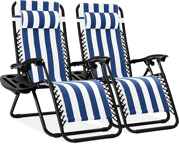 Best Choice Products Set of 2 Adjustable Steel Mesh Zero Gravity Lounge Chair Recliners w/Pillows and Cup Holder Trays - Mediterranean Blue Striped BestChoiceProducts