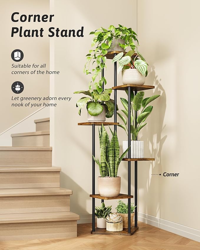 Corner Plant Stand Indoor 6 Tiered Tall Plant Stand Plant Shelf for Multiple Plants Coner Shelf Wood Plant Stands Metal Shelving for Living Room Bedroom Balcony Patio Brown Oak Gentingbro
