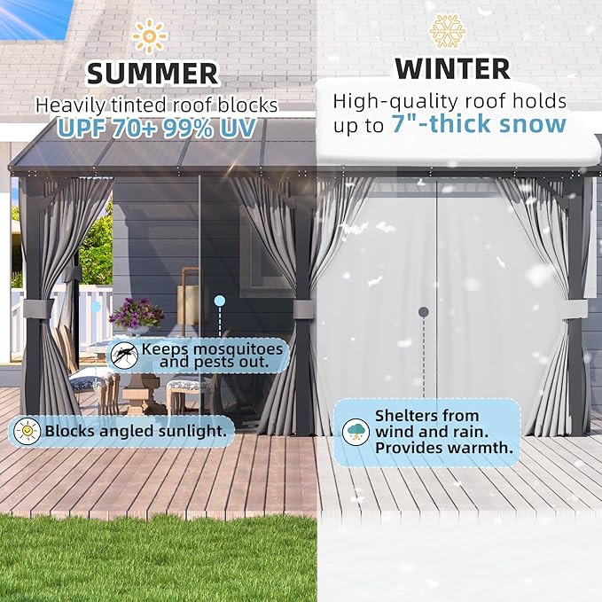 AECOJOY 14' x 8' Gazebo Outdoor Pergola, Hard Top Lean to 8x14 Gazebo with Curtains and Netting, Pergolas and Gazebos Clearance with Patio Roof, Large Wall-Mounted Heavy Duty Awnings for Patio, Decks AECOJOY