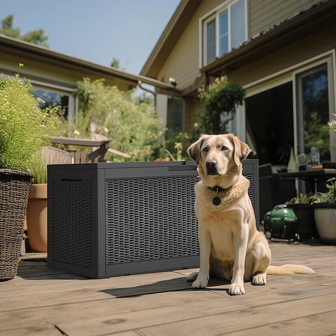 ROJIK Outdoor Storage Housing Deck Box - Waterproof Patio Furniture, Garden Tools, Cushions, Pool Accessories Storage Bench with Lockable Lid and Side Handles (Black 110 Gal) ROJIK