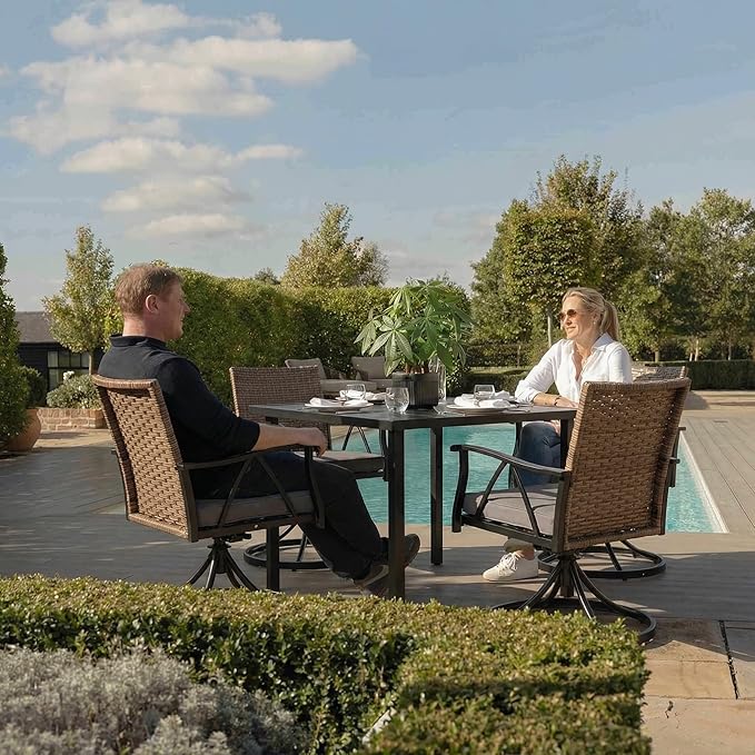 5-Piece Patio Dining Set for 4，Outdoor Dining Set with Wicker Swivel Patio Dining Chairs with Cushions & 1 Black Square Woodgrain Dining Table with 1.75”Market Umbrella Hole, Black & Brown Andehomy