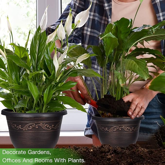 Plastic-Plant-Flower-Planters-10 Inch With Drainage Hole & Saucer, 3 Packs Lightweight Small Resin Flower Pot Indoor Outdoor, Retro Antique Imitation Decorative Garden Containers Sets For Houseplants Pottiffe