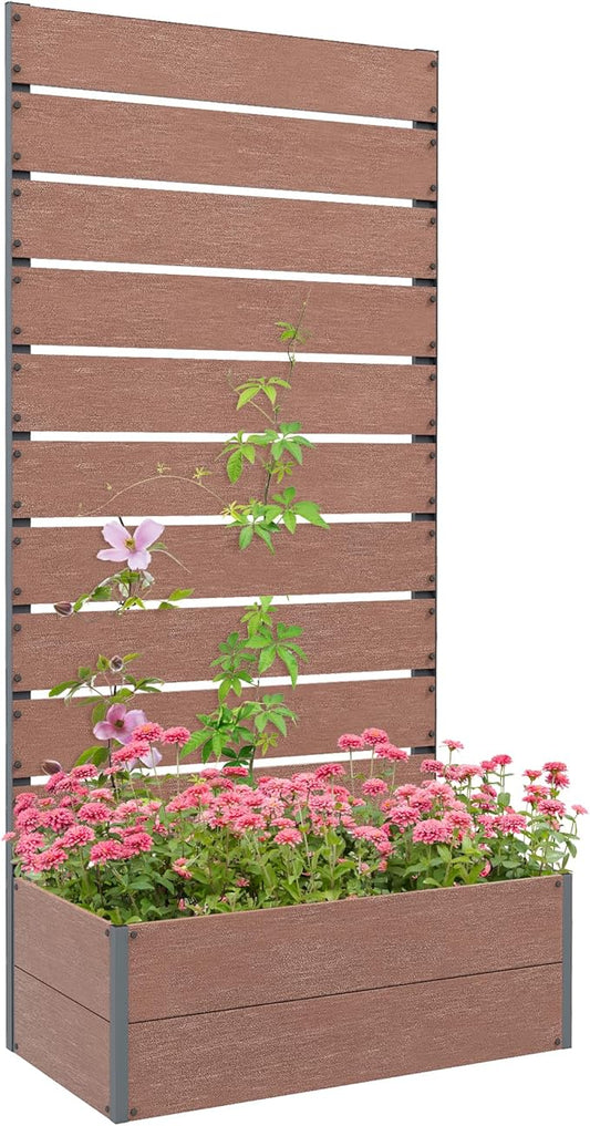 Outsunny Raised Garden Bed with Trellis for Climbing Plants, Planter Box with Self Draining Gap, Freestanding Trellis Planter for Outdoor, Patio, Deck, 28.25" x 15" x 59", Brown Outsunny
